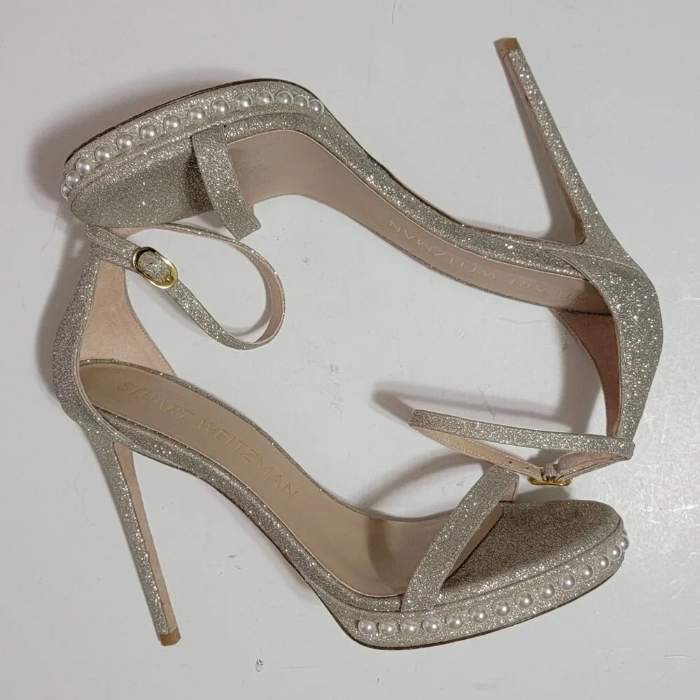 NEW Stuart Weitzman Nudistdisco Pearl Glitter Heels Womens 9.5 Glam Luxury Shiny